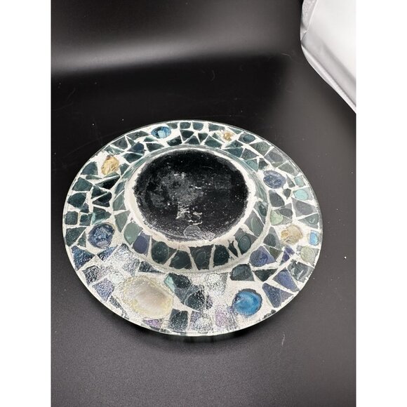 Blue Sea Glass Handmade Shells Cement Trinket Dish OOAK Mosaic 7” Round Pebbles - Picture 5 of 5